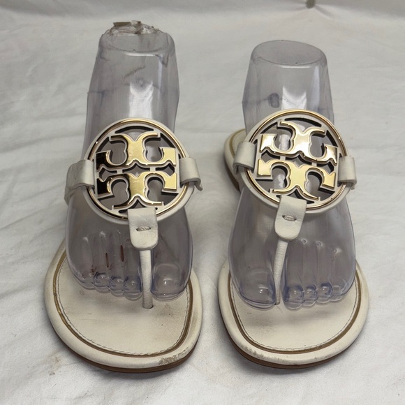 Tory Burch Shoes - Tory Burch White Leather Logo Thong Sandals with Gold Medallions women’s size 8M